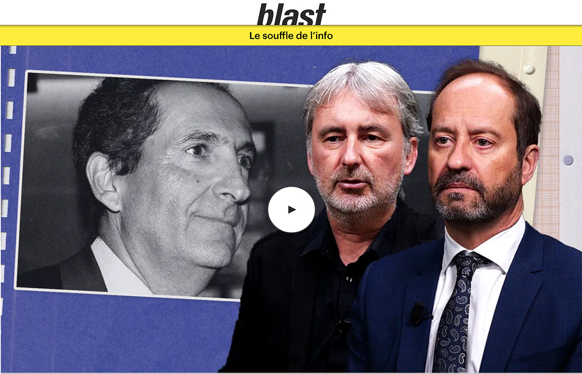 Photo de deux spécialistes de l'évasion fiscale sur fond d'une photo de Patrick Drahi