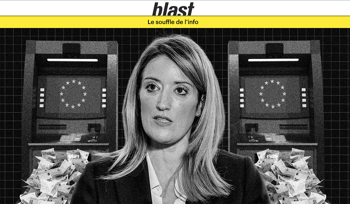 Portrait de Roberta Metsola devant des urnes pleines d’argent – scandale des eurodéputés fraudeurs