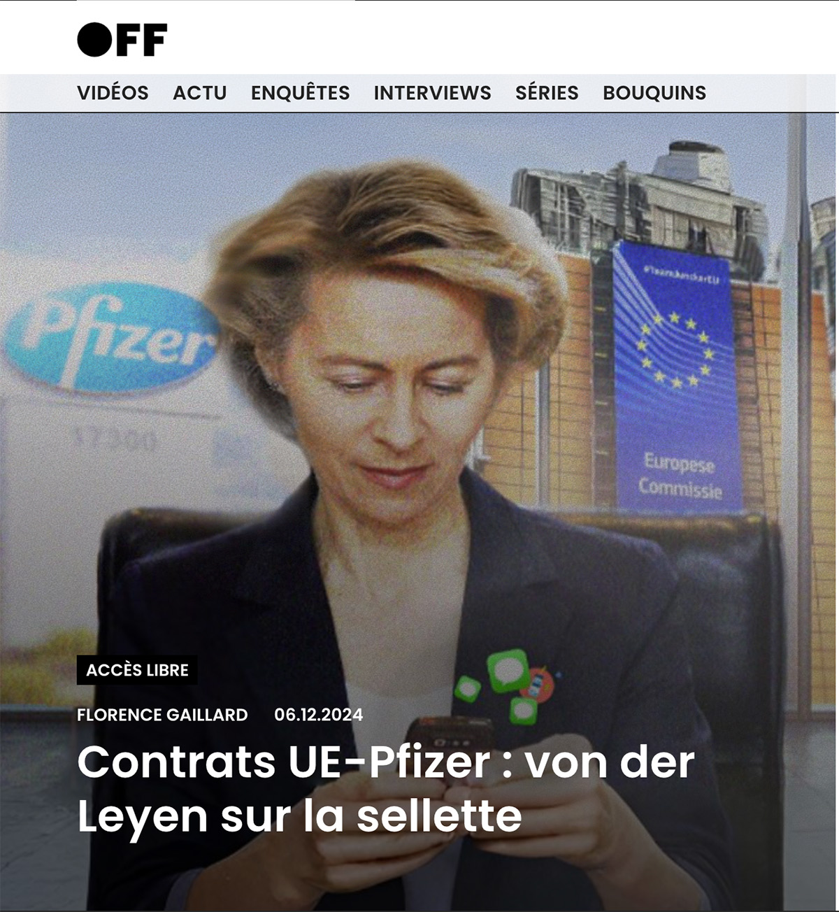 Ursula von der Leyen devant les logos Pfizer et Commission européenne