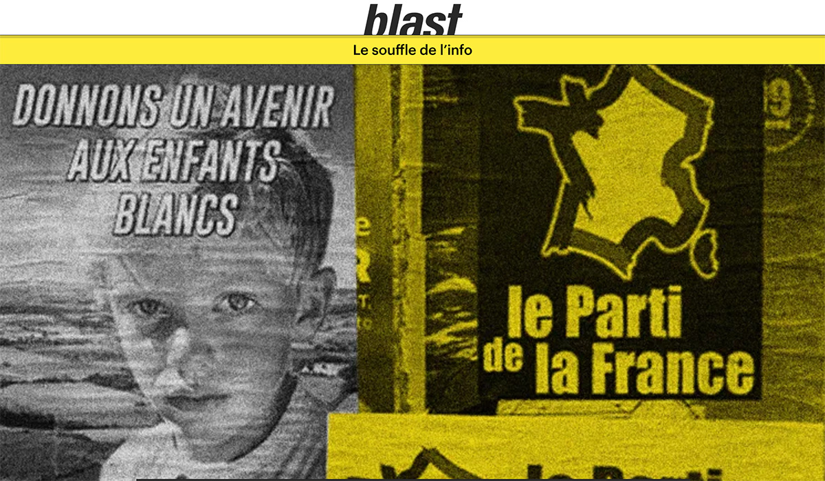 Affiche du Parti de la France appelant à un avenir pour les enfants blancs, rappelant l'imagerie d'extrême droite des années 1930