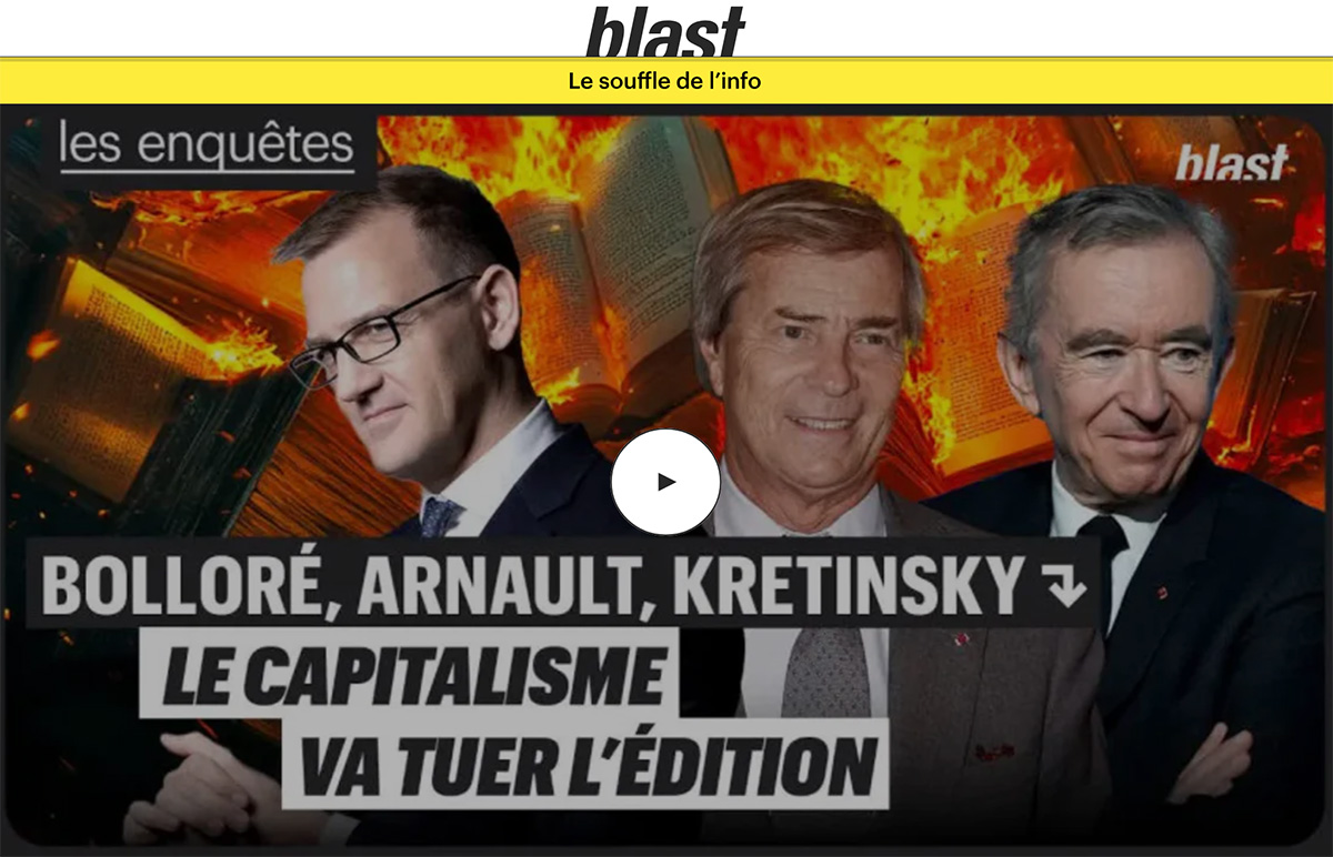 Portraits de Vincent Bolloré, Bernard Arnault et Daniel Kretinsky sur fond d’imprimerie en feu