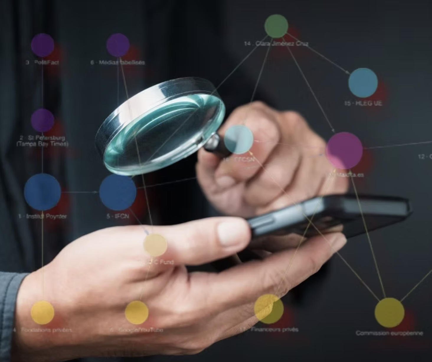 Main tenant un smartphone et une loupe, sur fond de graphe de réseaux, pour illustrer le fact-checking