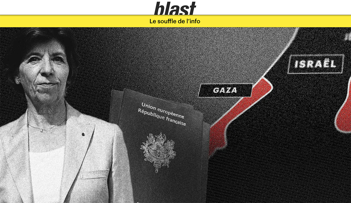 Catherine Colonna devant un fond illustrant la frontière entre Gaza et Israël, avec un passeport français en surimpression