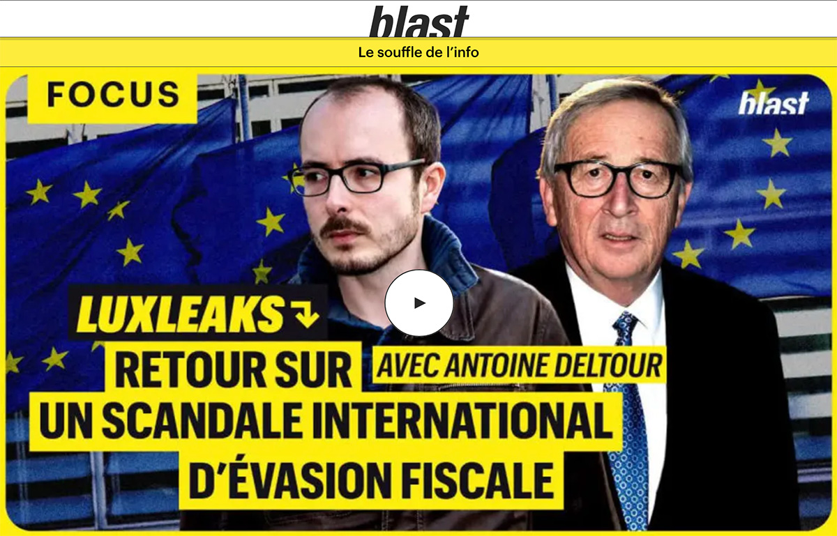 Portrait d’Antoine Deltour et de Jean-Claude Juncker sur fond de drapeau européen, avec un bandeau 'LuxLeaks : retour sur un scandale d’évasion fiscale