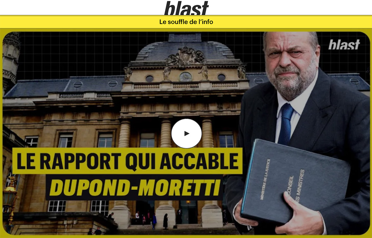 Éric Dupond-Moretti tenant un dossier, devant le palais de justice, sur fond noir avec le texte 'Le rapport qui accable Dupond-Moretti