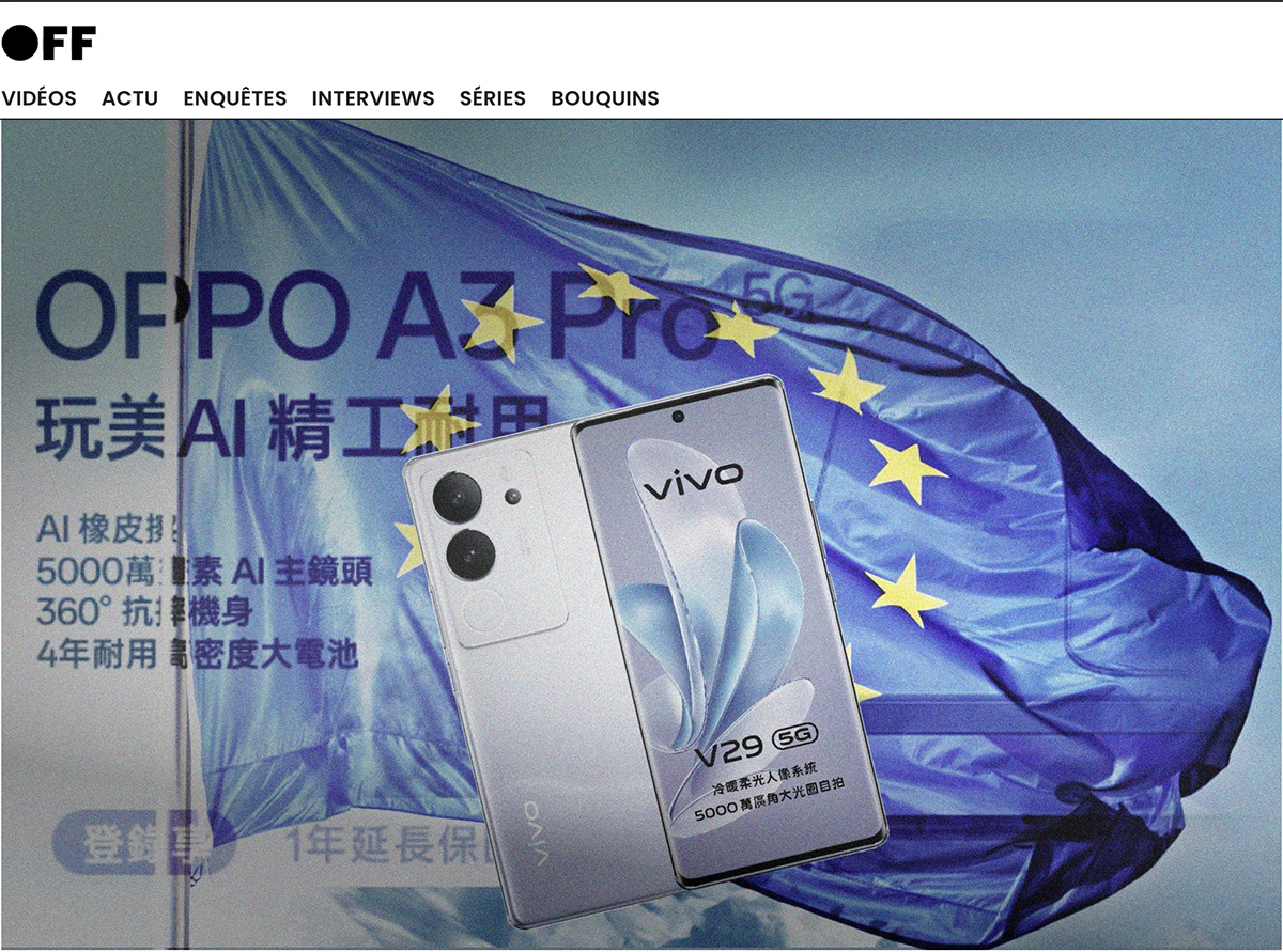 Affiche promotionnelle OPPO/Vivo sur fond de drapeau européen – illustration d’un cartel chinois